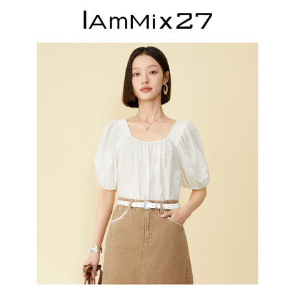 IAmMIX27法式方领泡泡袖衬衫女抽皱打揽刺绣短款简约休闲短袖小衫