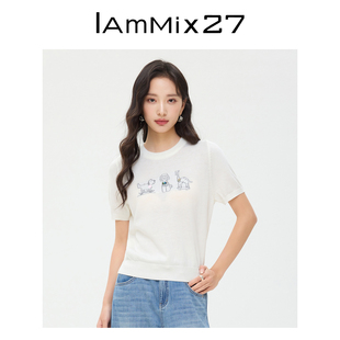 IAmMIX27短袖套头针织衫女简约撞色小狗提花百搭舒适绵羊毛上衣女