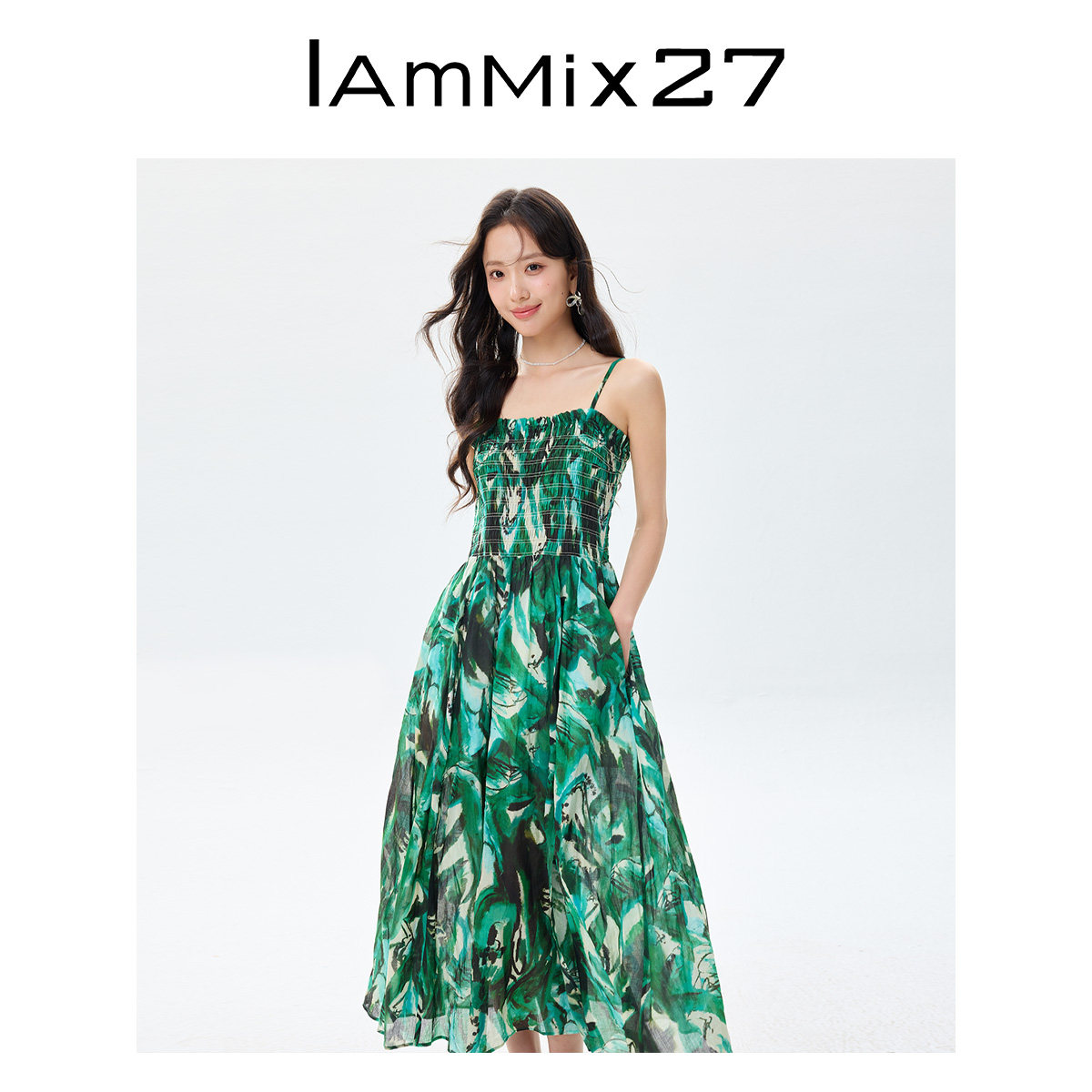IAmMIX27棉麻套头连衣裙女无袖高腰显瘦复古水墨晕染印花吊带裙女