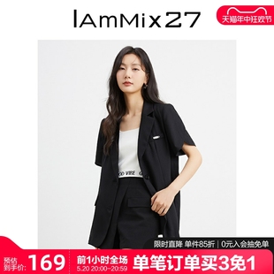 开衩圆角衣摆休闲西装 领短袖 女春夏个性 IAmMIX27黑色西装 西服上衣