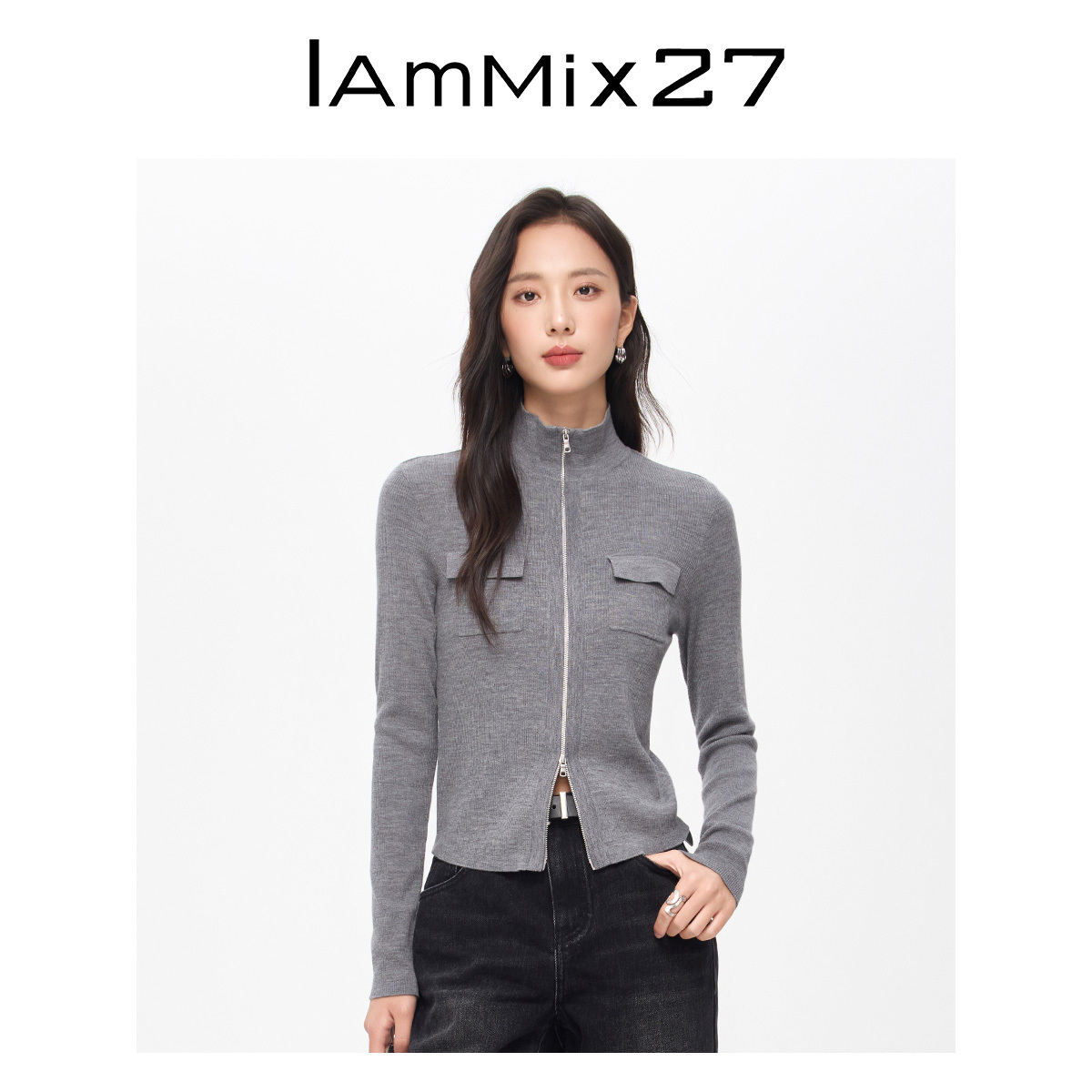 iammix27针织立领拉链开衫
