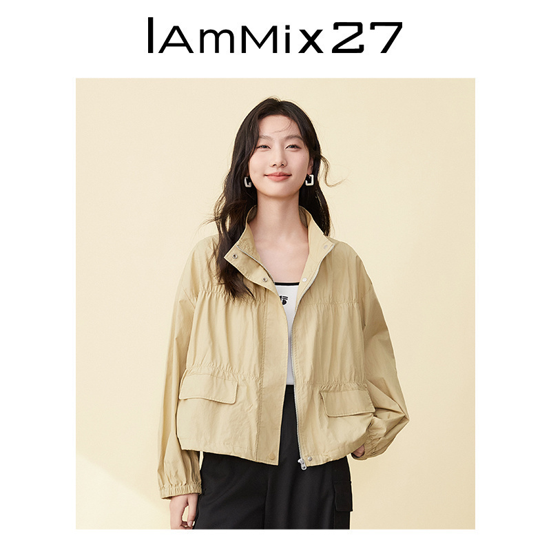 IAmMIX27时尚翻领外套女工装风休闲个性层次感抽皱宽松全棉上衣女