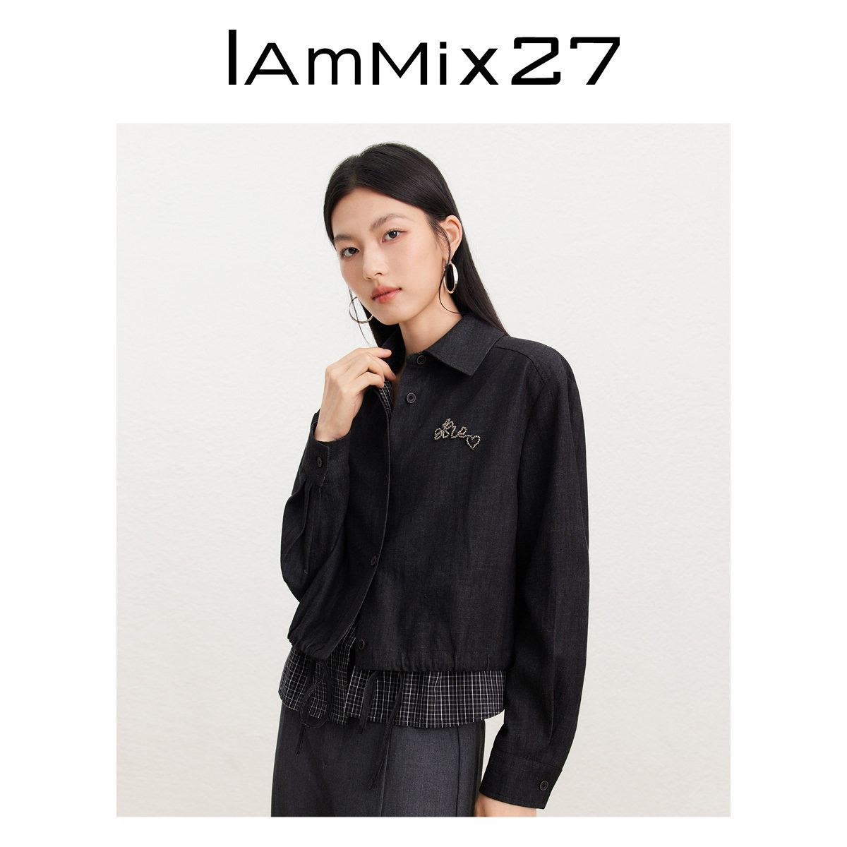 IAmMIX27春秋翻领牛仔外套女短款休闲百搭格子衬衫拼接假两件夹克