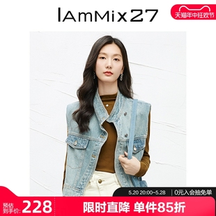 牛仔马甲女 IAmMIX27复古立领马夹女个性 不对称斜门襟水洗磨白短款