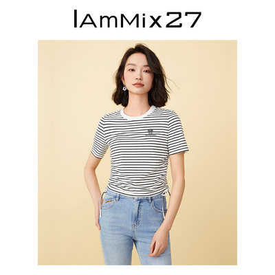 IAmMIX27夏季圆领条纹T恤女短款小个子抽绳修身打底衫女短袖上衣