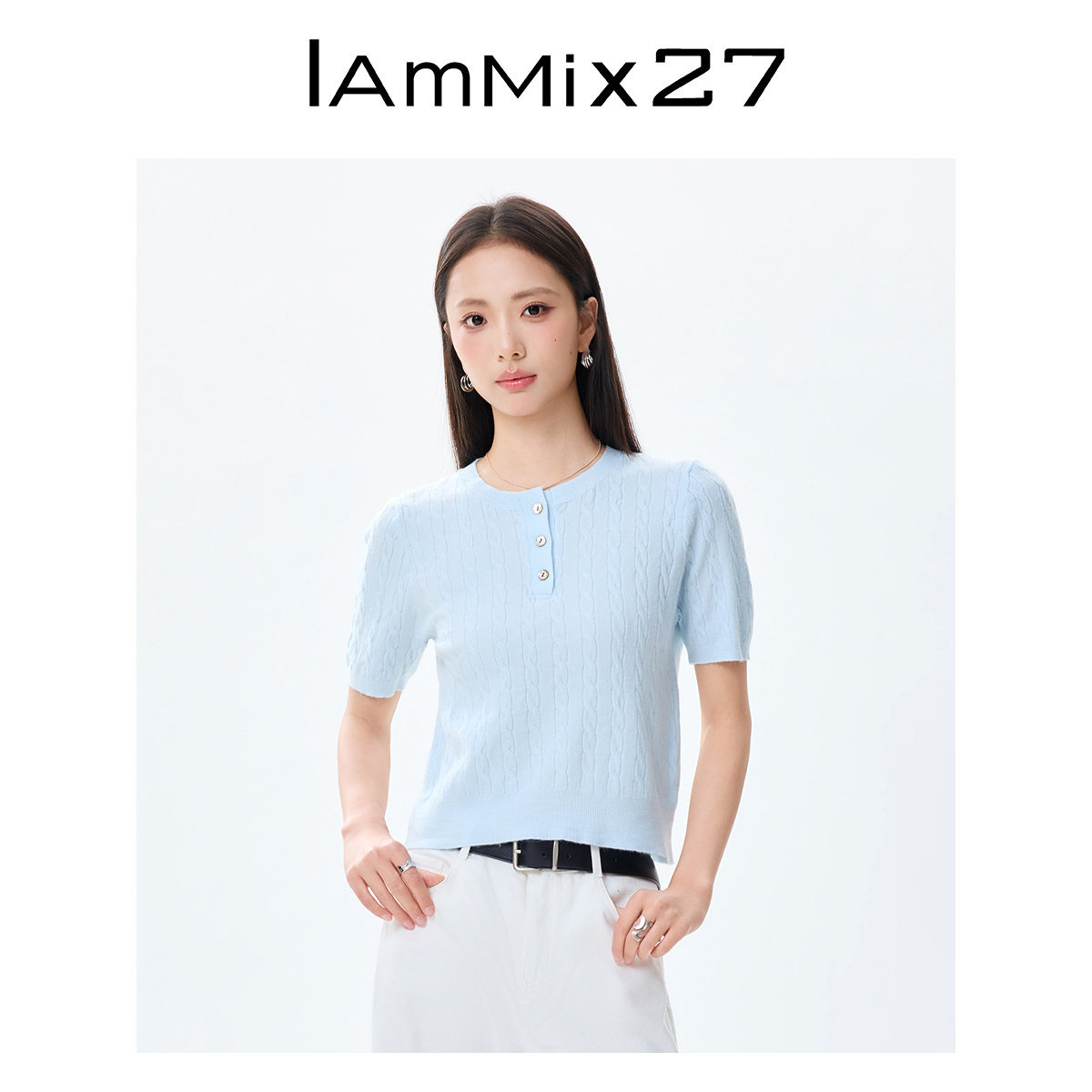 IAmMIX27半开圆领针织衫女短袖薄款时尚麻花纹纯色简约套头上衣女