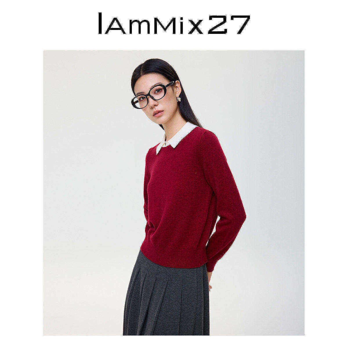 IAmMIX27冬季翻领羊毛衫女长袖简约百搭软糯内搭假两件套头针织衫