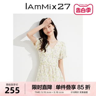 灯笼袖 IAmMIX27夏季 显瘦法式 V领连衣裙女高腰修身 碎花裙女中长款