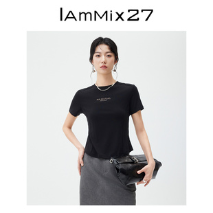 IAmMIX27夏季 上衣 黑色圆领T恤女短款 显瘦百搭莱赛尔轻薄亲肤短袖
