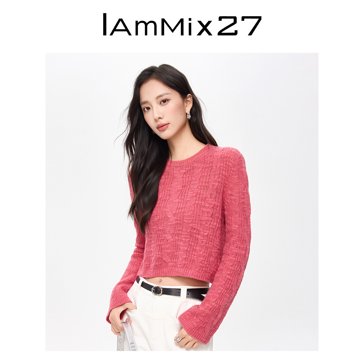 iammix27绞花圆领针织套头衫