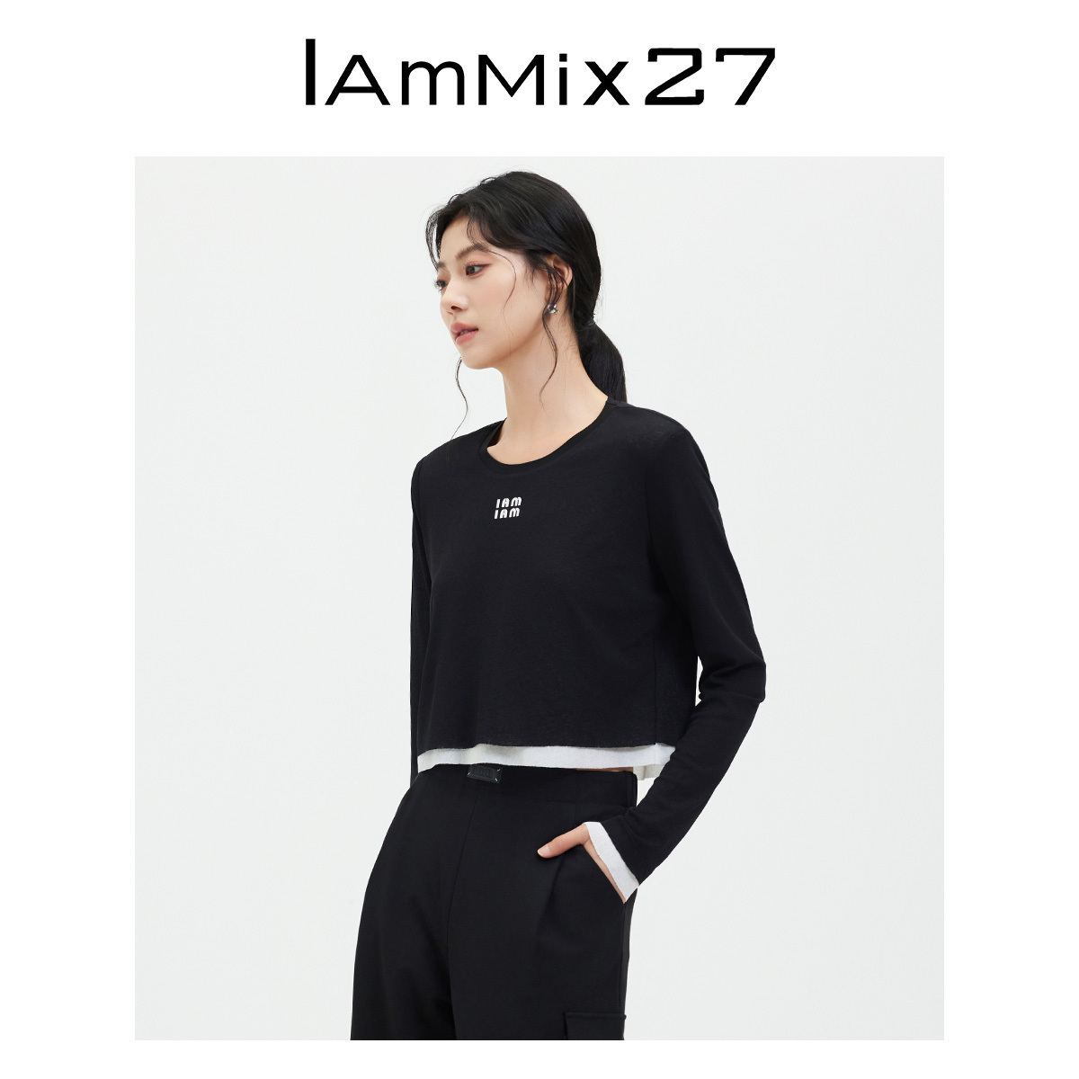IAmMIX27圆领套头针织衫女短款显瘦黑色时尚假两件打底长袖T恤女