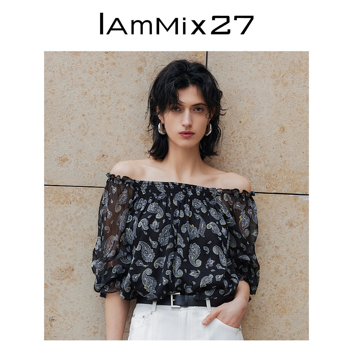 IAmMIX27夏季一字肩雪纺衫女薄款宽松亲肤透气灯笼袖露肩套头上衣