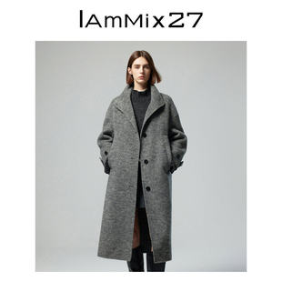 IAmMIX27冬季双面呢大衣女长款宽松保暖灰色绵羊毛落肩毛呢外套女