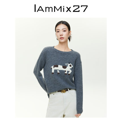 IAmMIX27圆领套头毛衣女宽松内搭软糯绵羊毛卡通提花针织羊毛衫女