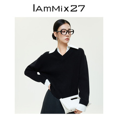 IAmMIX27秋冬V领套头毛衣女宽松百搭绵羊毛假两件衬衫领针织衫女