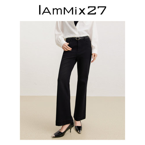 iammix27黑色窄版高腰微喇牛仔裤