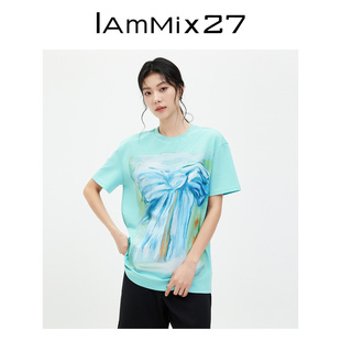 短袖 IAmMIX27夏季 T恤女宽松大廓形简约百搭油画印花落肩圆领上衣