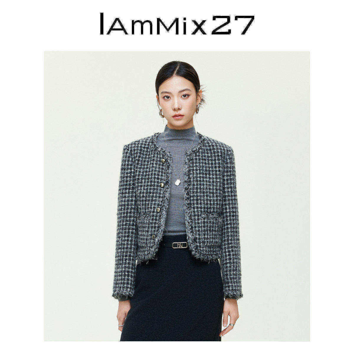 IAmMIX27圆领毛呢外套女短款复古小香风加厚复古格子粗花呢短外套