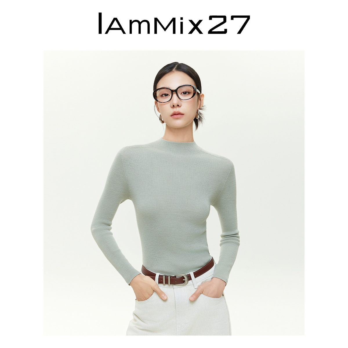 iammix27纯色半高领打底羊毛衫