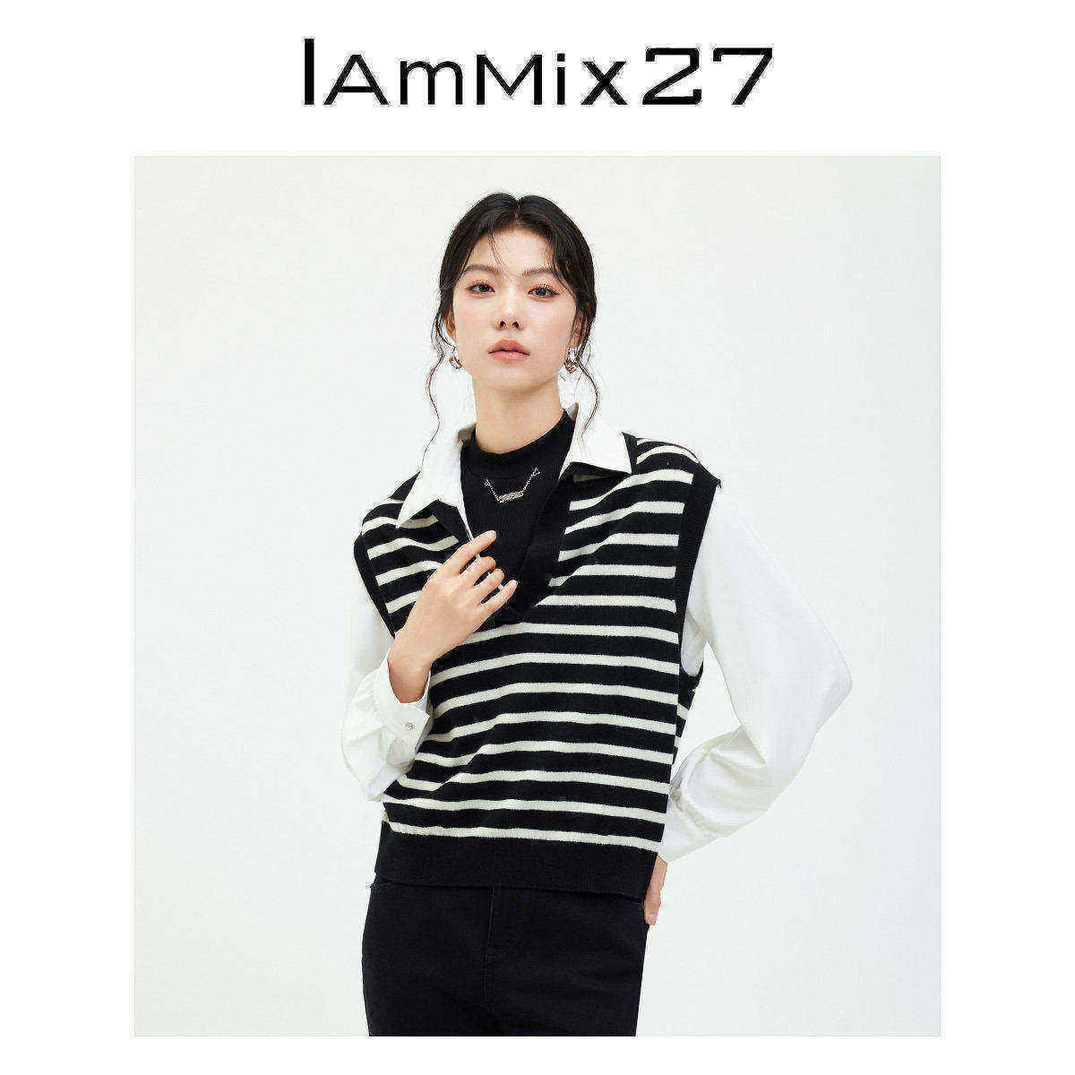 IAmMIX27秋冬POLO领针织马甲宽松内搭黑白条纹绵羊毛套头毛衣马夹