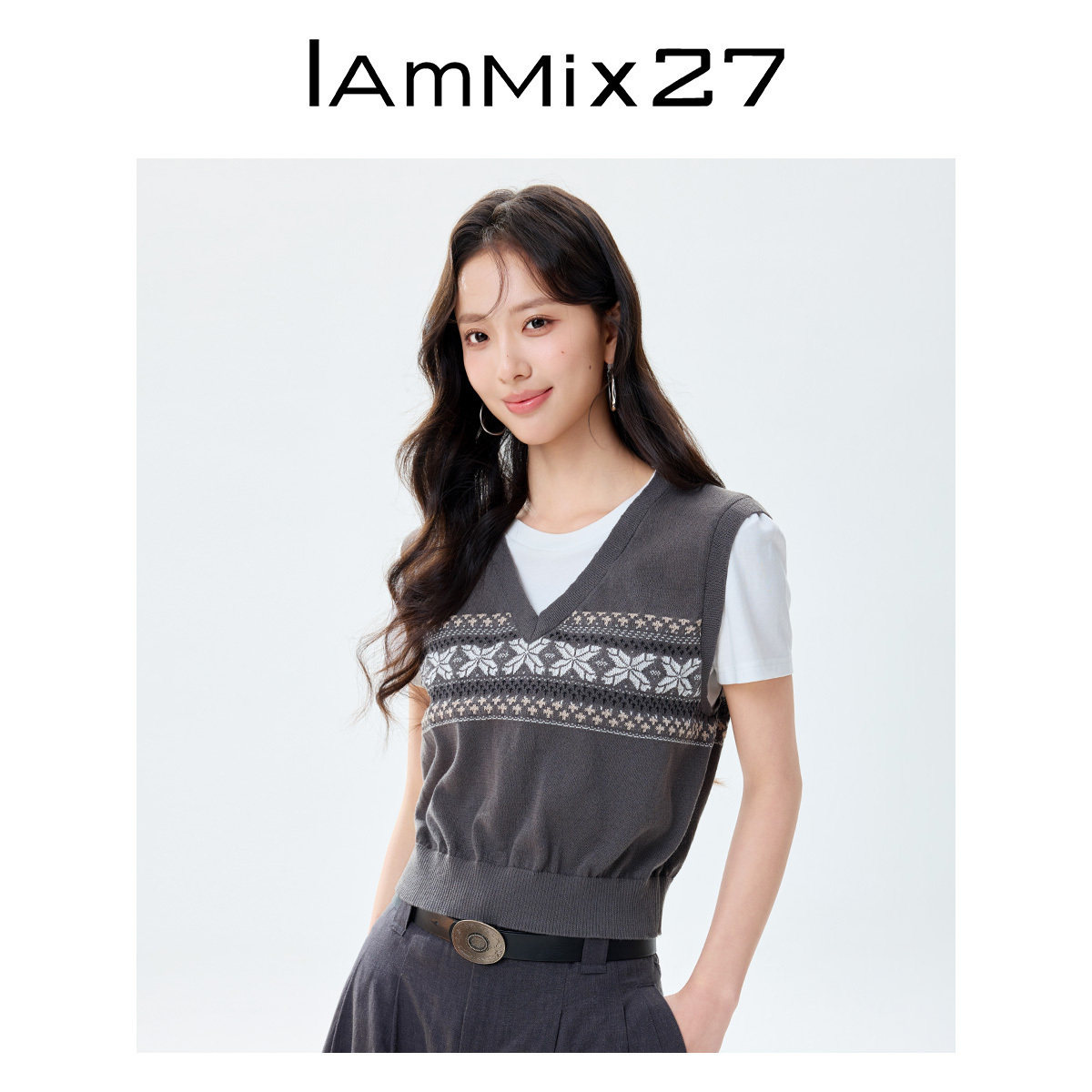 IAmMIX27夏季V领假两件上衣女短袖薄款莱赛尔亚麻混纺套头针织衫