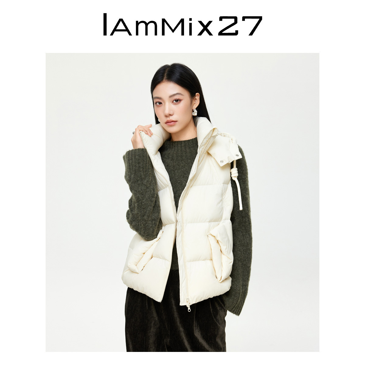 iammix27短款连帽立领羽绒服马甲