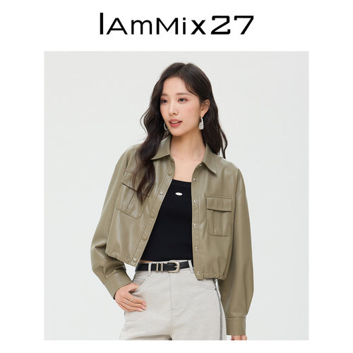 iammix27翻领PU皮短外套