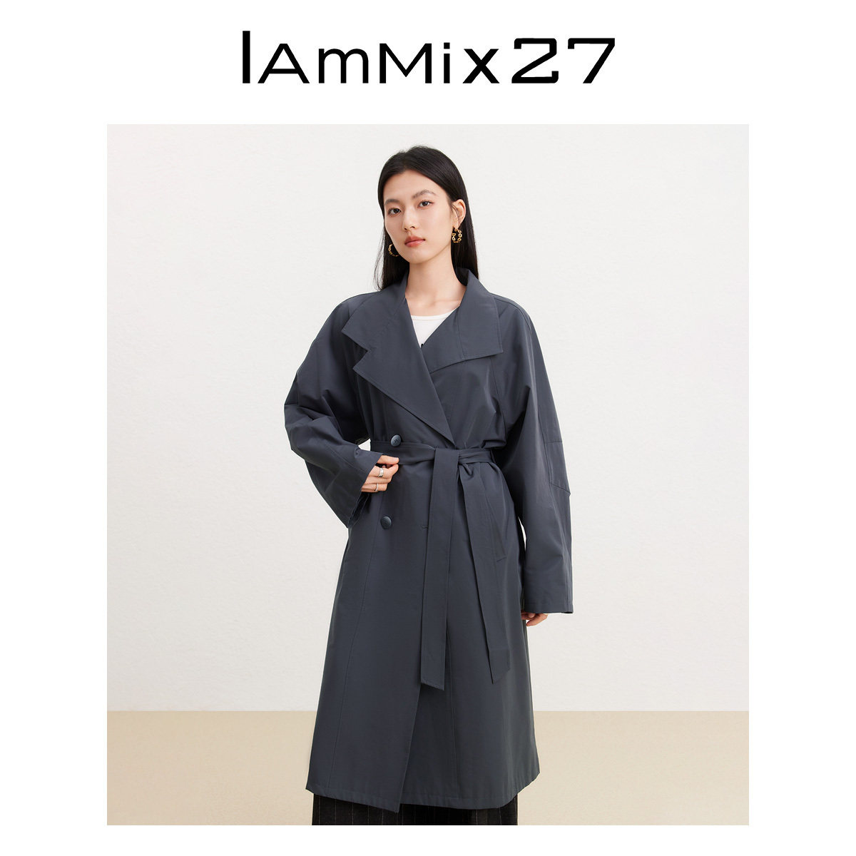 IAmMIX27春秋大翻领风衣女中长款宽松简约双排扣系带收腰休闲外套