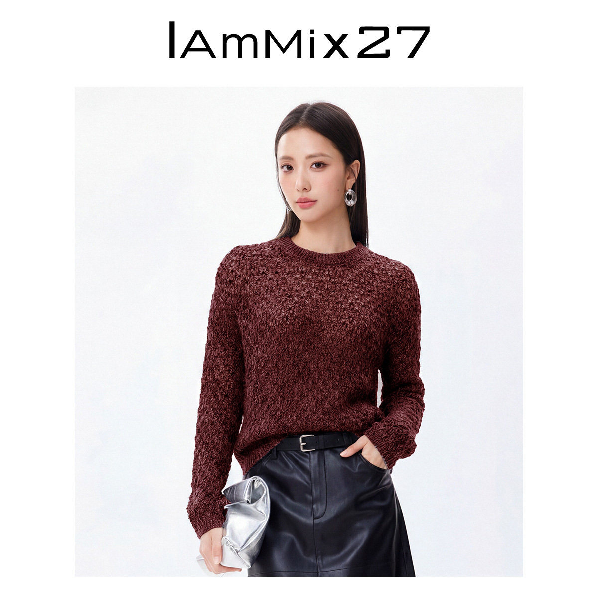 IAmMIX27圆领针织衫女长袖宽松绵羊毛马海毛亮丝混纺镂空套头毛衫