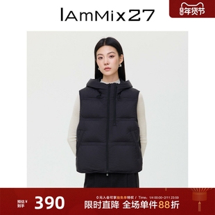 IAmMIX27冬季连帽羽绒马甲女短款蓬松保暖黑色百搭无袖羽绒服外套