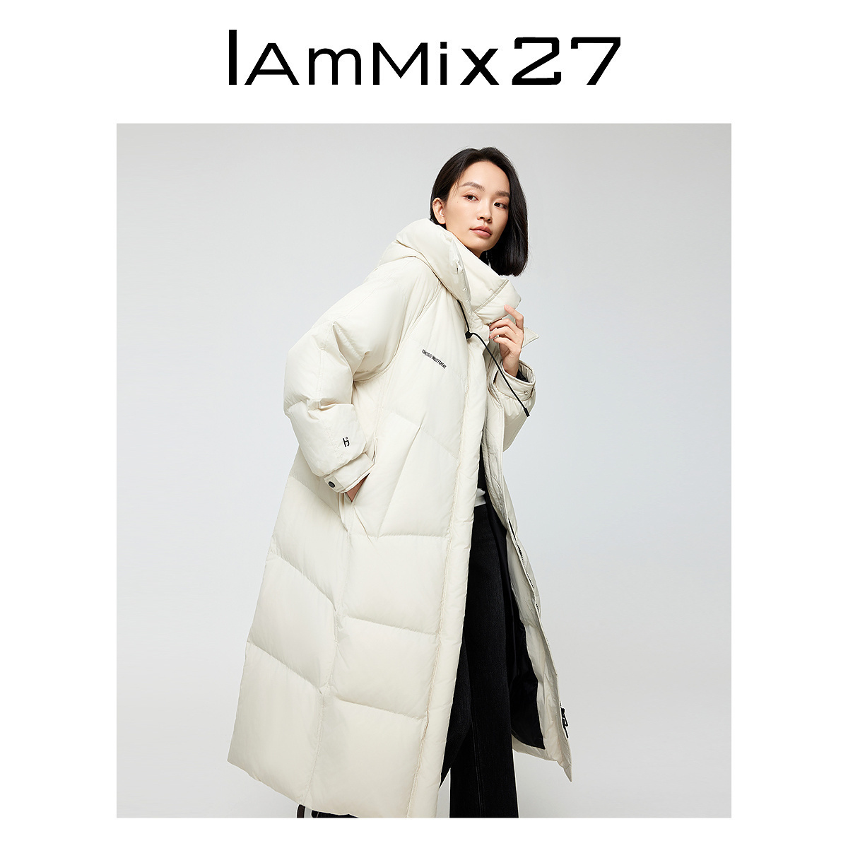 IAmMIX27冬季长款羽绒服女加厚撞色字母印花抽绳连帽90白鸭绒外套