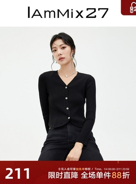 IAmMIX27春秋V领针织开衫女短款修身显瘦简约百搭黑色毛针织衫女
