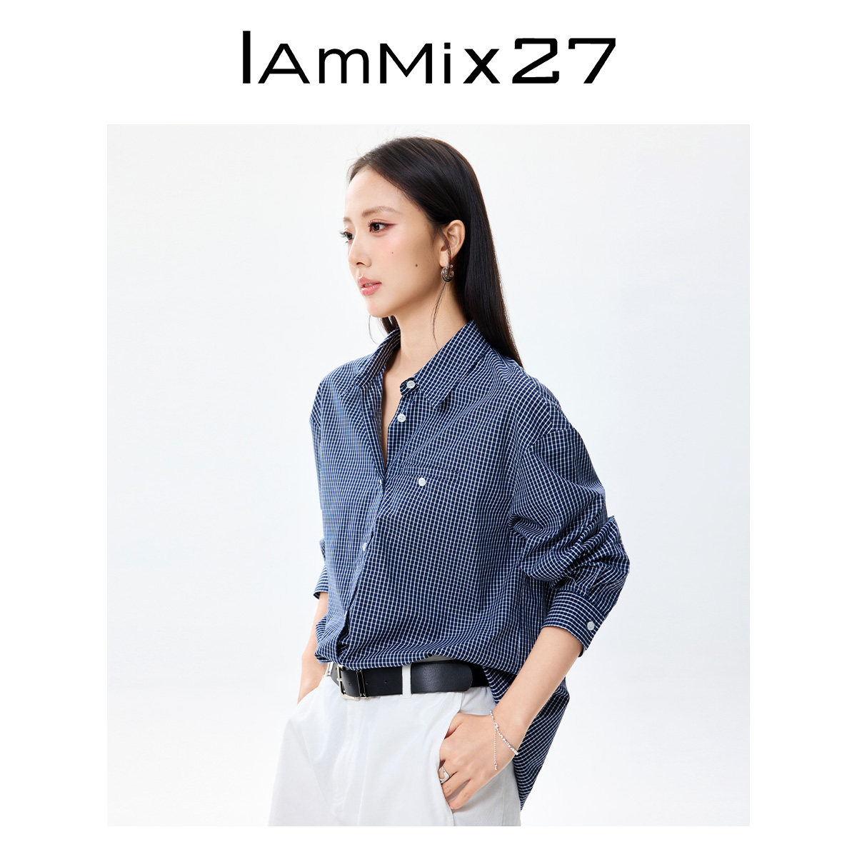 IAmMIX27长袖翻领衬衫女复古撞色格子百搭可脱卸披肩宽松全棉衬衣