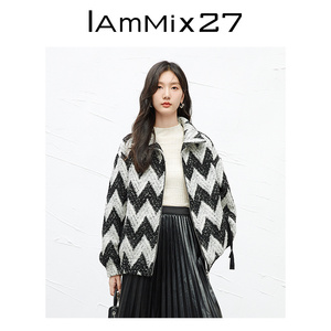 IAmMIX27绵羊毛黑白撞色毛呢外套