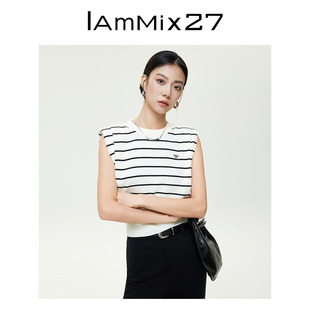 IAmMIX27无袖 撞色条纹圆领套头针织上衣女 针织背心女简约百搭新款