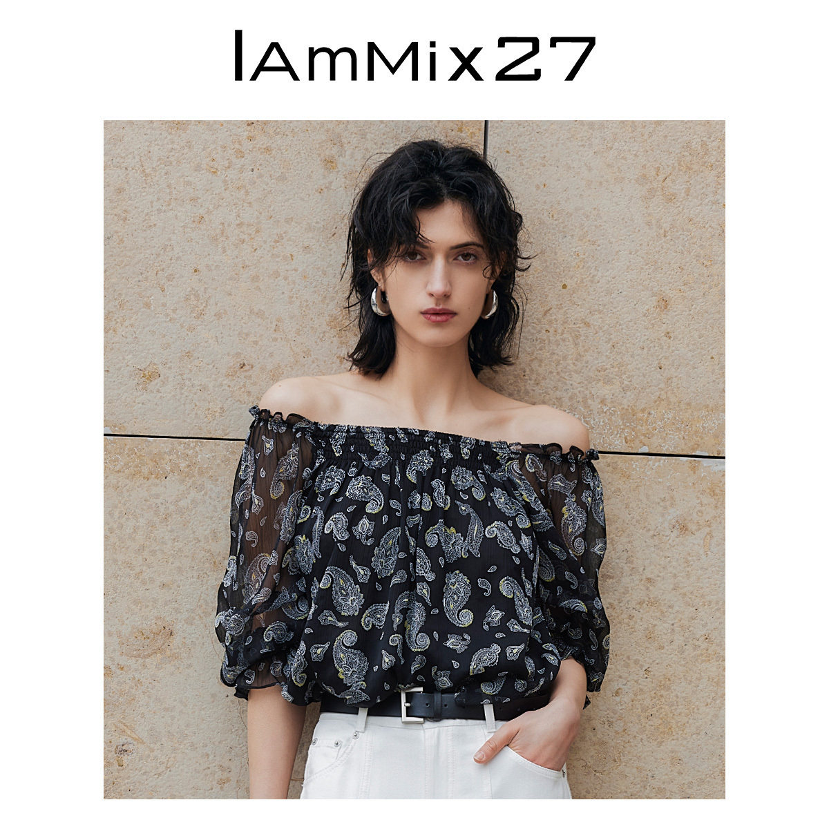 IAmMIX27夏季一字肩雪纺衫女薄款宽松亲肤透气灯笼袖露肩套头上衣