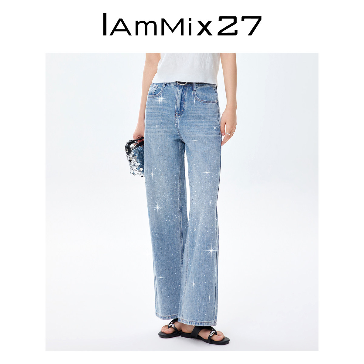 IAmMIX27夏季烫钻牛仔裤女高腰宽松显瘦休闲百搭高腰直筒裤女长裤