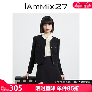 复古轻奢百搭圆领夹克上衣 IAmMIX27黑色小香风外套女短款 显瘦法式