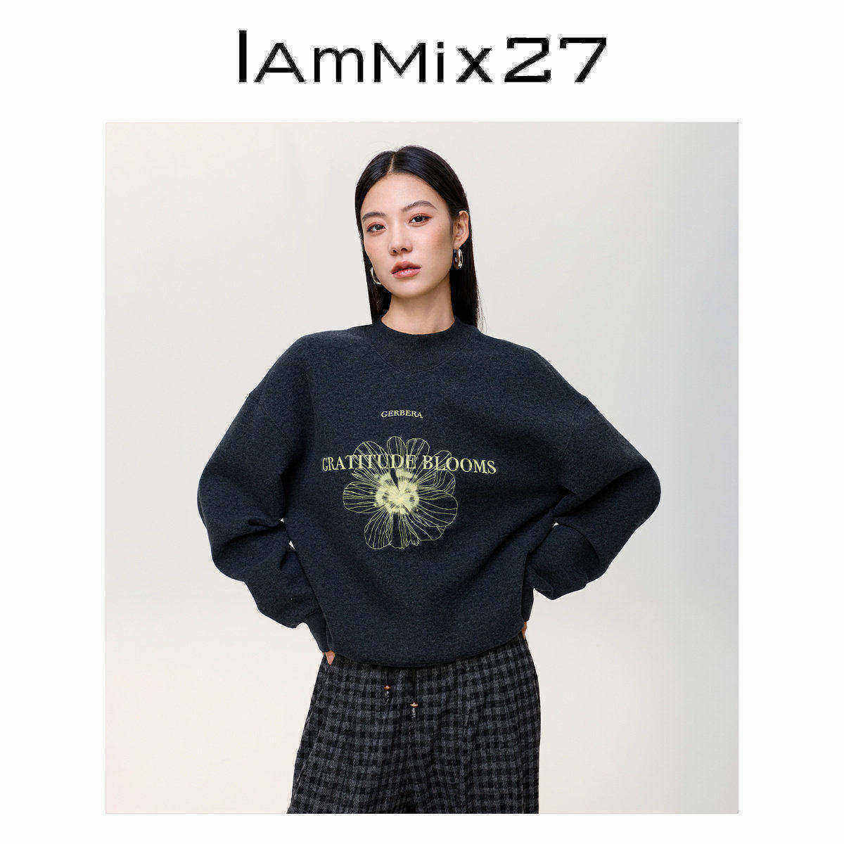 IAmMIX27春秋圆领卫衣女宽松加厚休闲慵懒风印花厚实拉绒套头衫女