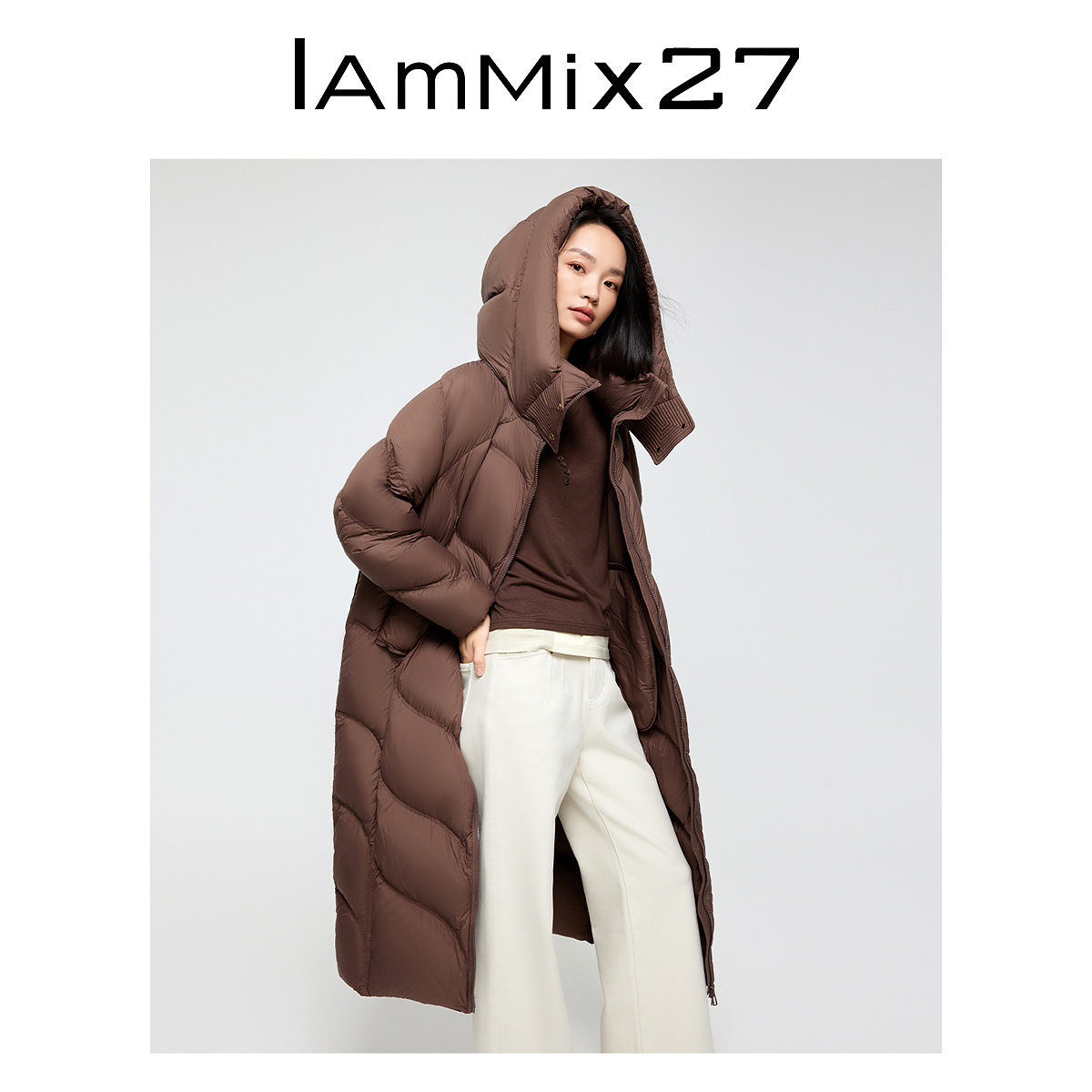 IAmMIX27冬季轻暖连帽羽绒服女长款过膝加厚保暖御寒90绒鸭绒外套