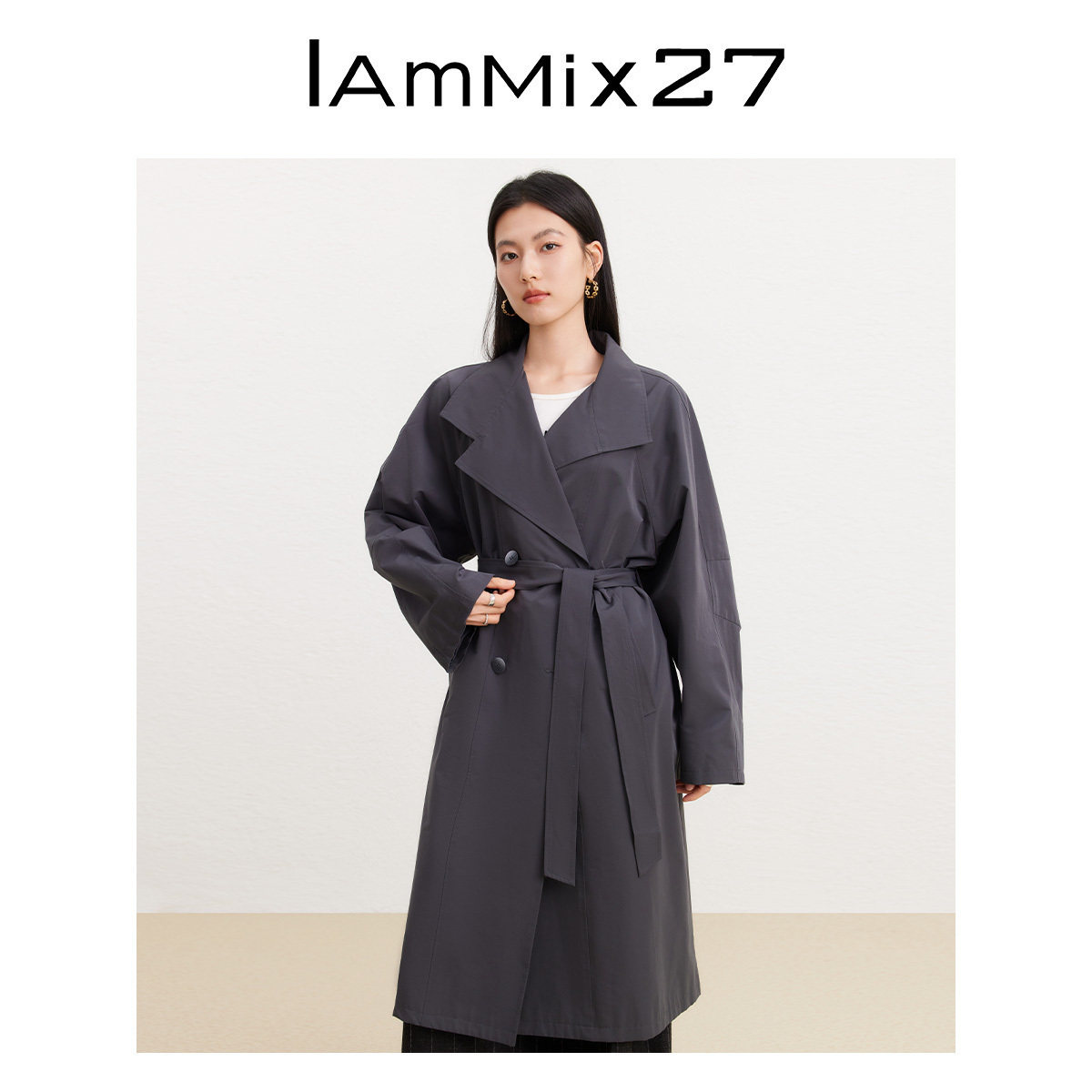 IAmMIX27春秋大翻领风衣女中长款宽松简约双排扣系带收腰休闲外套