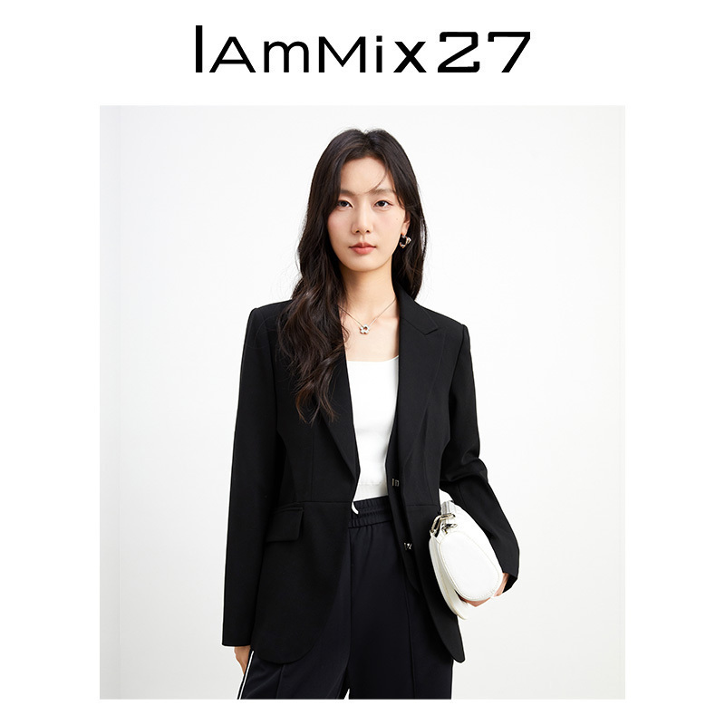 IAmMIX27春秋黑色休闲西服女修身时尚通勤简约百搭假两件西装外套