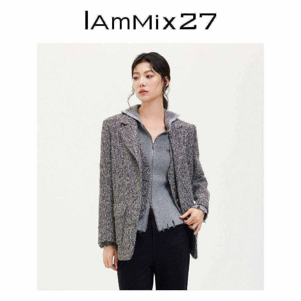 IAmMIX27秋冬假两件外套女宽松加厚简约百搭休闲粗花毛呢西服套装