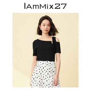 IAmMIX27短袖针织衫女夏季个性不对称斜肩通勤百搭黑色针织套头衫