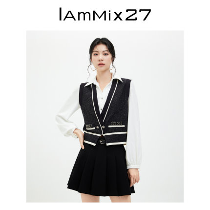 IAmMIX27V领针织开衫女短款修身马甲加长袖衬衫拼接假两件上衣女