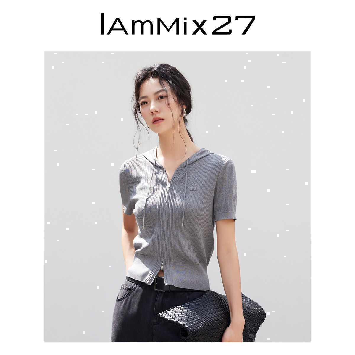 IAmMIX27夏季连帽开衫女短袖薄款纯色简约百搭双拉链针织衫女短款
