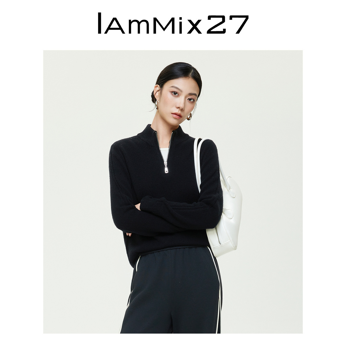 iammix27全绵羊毛套头半拉链毛衫
