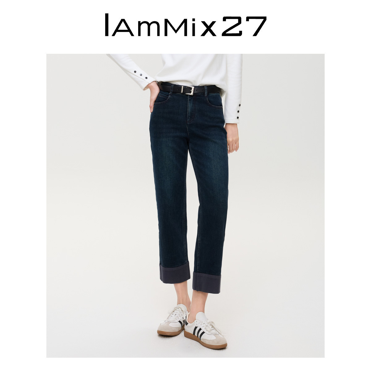 iammix27复古高腰牛仔九分裤