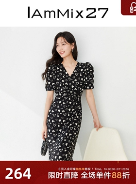 IAmMIX27黑色V领连衣裙女短袖中长收腰显瘦轻薄茶歇印花雪纺裙女