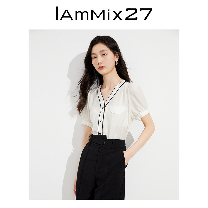 IAmMIX27气质V领衬衫女个性撞色滚边泡泡袖通勤百搭短袖薄衬衣女